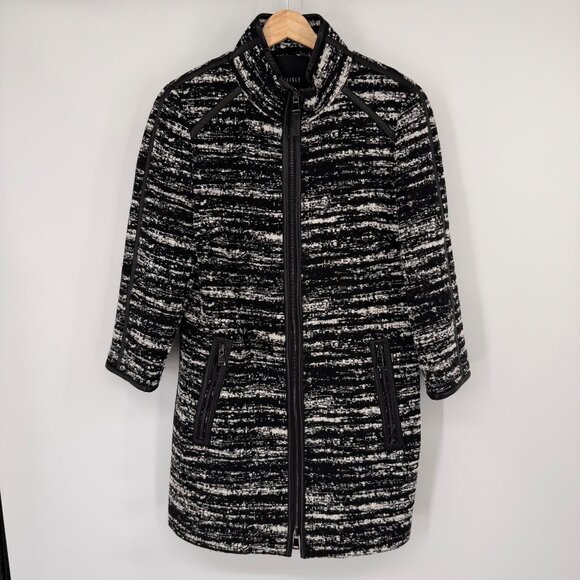 Carlisle Womens Black Tweed Coat jacket Zip wool blend leather trim Size 12 - Picture 7 of 13